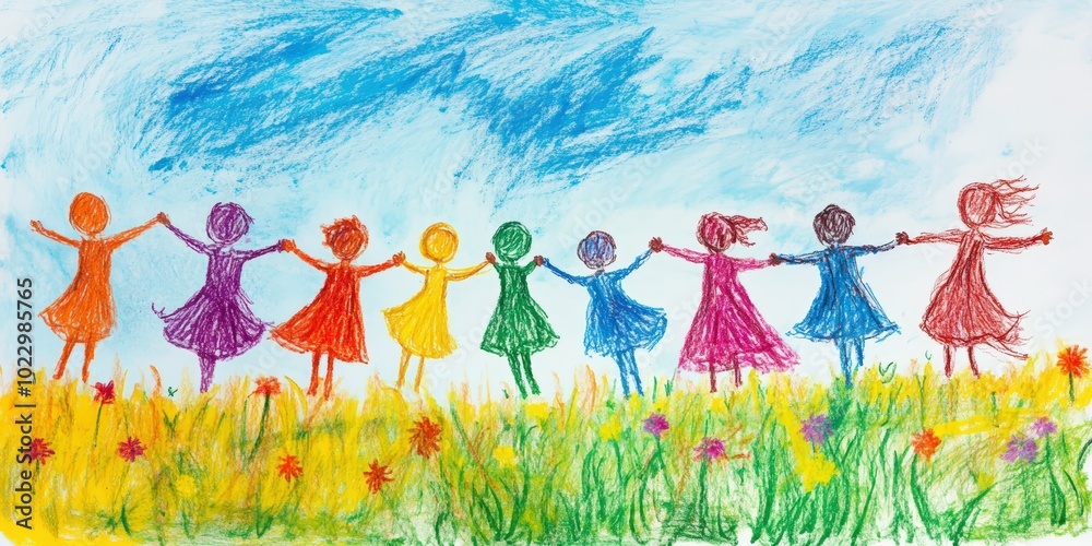 Fototapeta premium Colorful girls holding hands in a field.