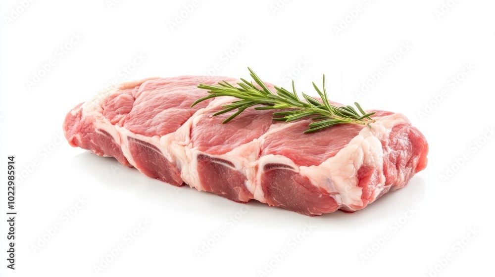 Raw beef steak with rosemary sprig on white background. Raw beef steak with rosemary sprig on white background.