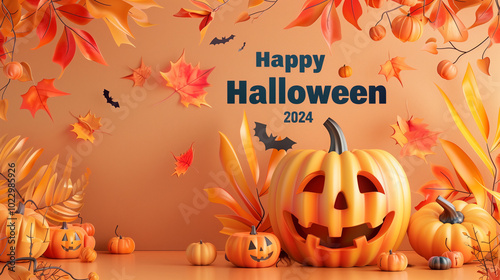Modern Halloween Card with Pumpkin Illustration and 
