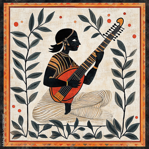 Simple traditional Madhubani Kalighat art from India of a musician with a sitar.