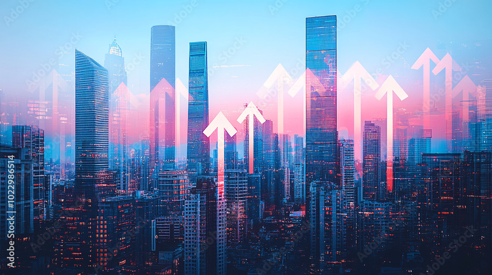 Cityscape with Arrows Pointing Upward Cityscape with Arrows Pointing Upward