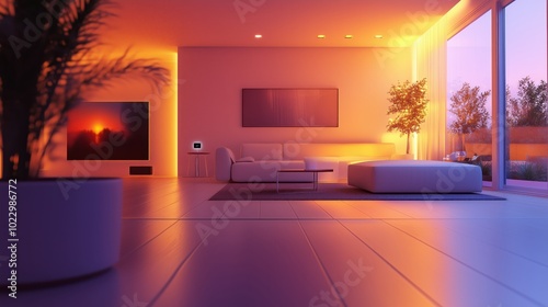 Modern Smart Home Living Room with Ambient Lighting