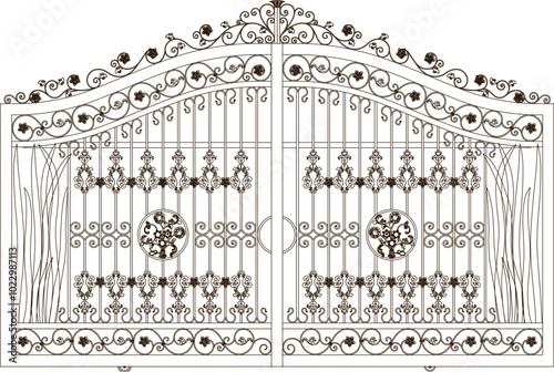 Vector sketch illustration of the silhouette of a European traditional ethnic vintage classic old iron fence gate design 