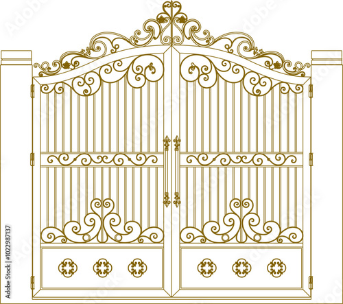 Vector sketch illustration of the silhouette of a European ethnic classic old iron fence gate building design