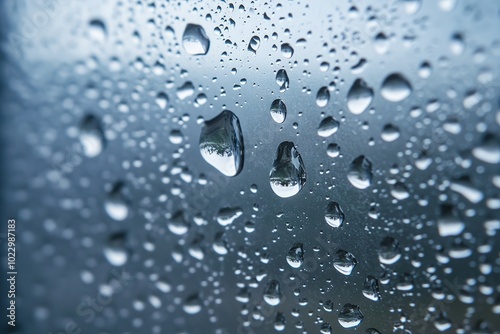 Close-up of raindrops on glass with blue background