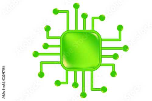 Cute green 3D glowing AI chip icon, isolated, transparent background. Futuristic processor, digital connection, computer CPU, artificial intelligence network.