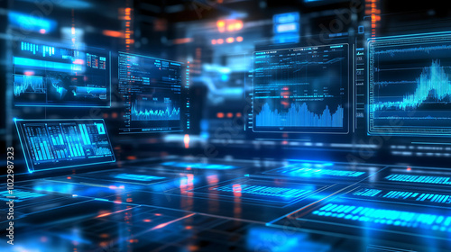 Wallpaper Mural Futuristic Blue and Red Digital Interface with Graphs and Data Torontodigital.ca