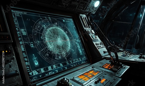 Fototapeta Naklejka Na Ścianę i Meble -  Futuristic spaceship control panel with glowing display.