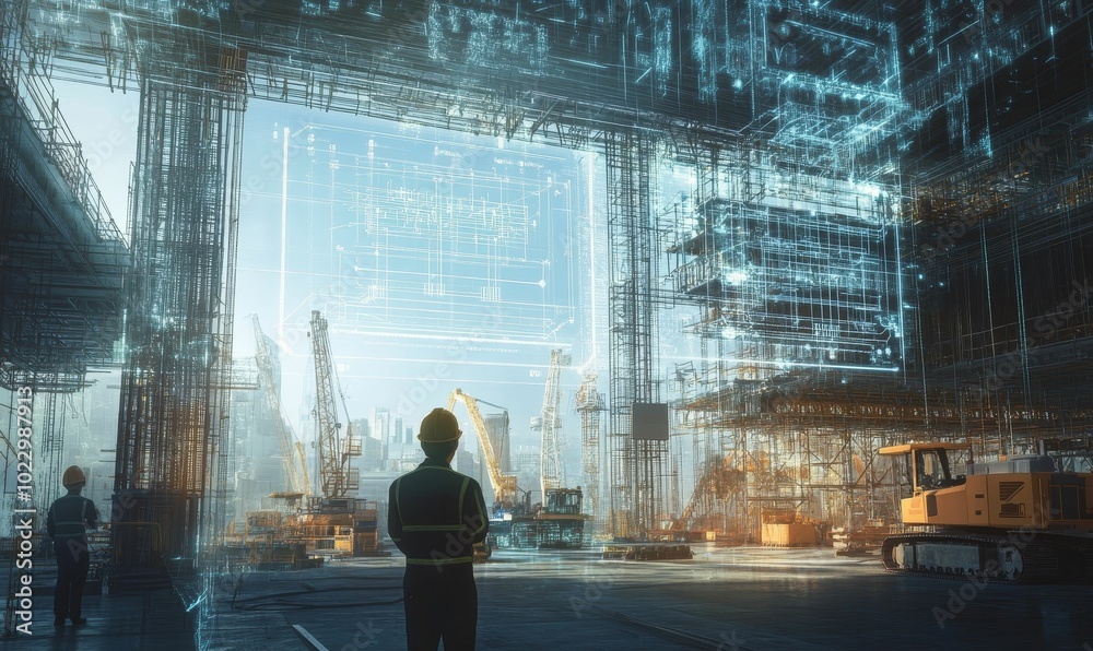 Construction site with digital blueprints overlayed. Construction site with digital blueprints overlayed.