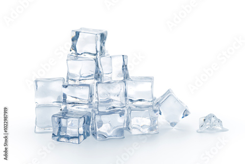 Pile of ice cubes isolated on white background, Artificial acrylic ice cubes, Clipping path