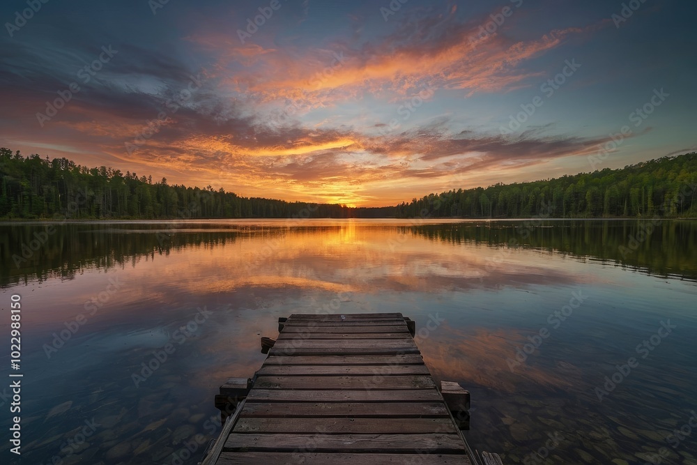 Breathtaking sunset over tranquil lake with forested shoreline. Sunset illuminating the tranquil waters Breathtaking sunset over tranquil lake with forested shoreline. Sunset illuminating the tranquil waters