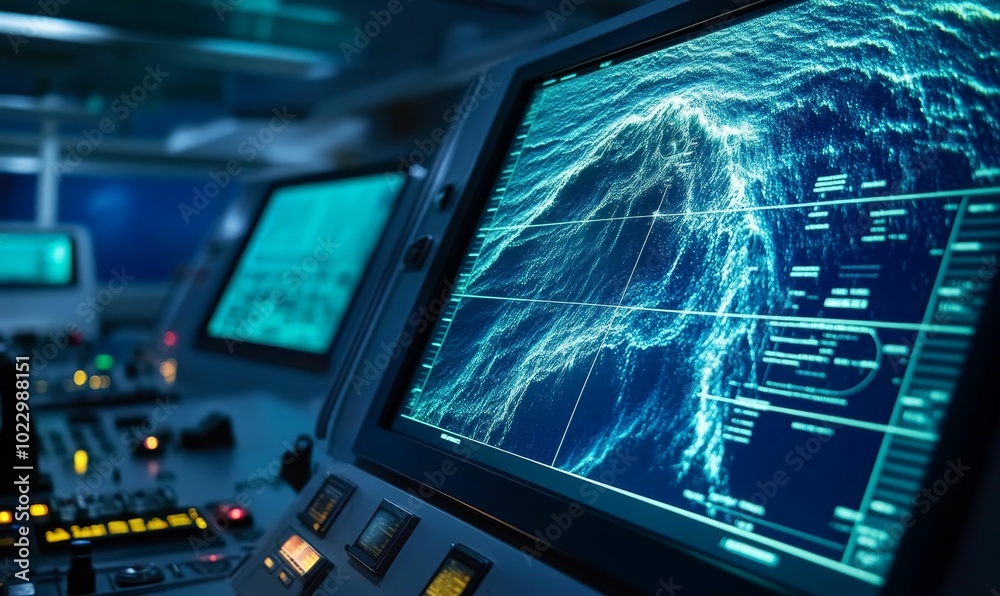 Fototapeta premium Ship bridge with a large screen showing ocean waves.