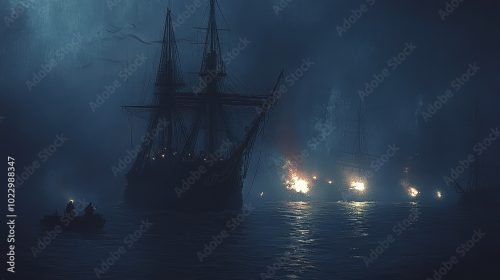 A large ship and two smaller ships in a dark A large ship and two smaller ships in a dark