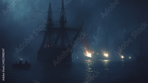 Wallpaper Mural A large ship and two smaller ships in a dark Torontodigital.ca