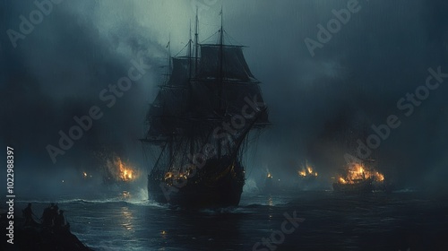 A lone ship sails through a foggy, stormy sea.