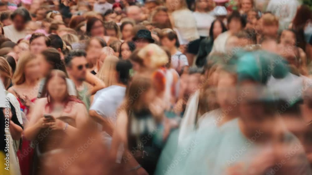 Close-up time-lapse unrecognizable blurry huge crowd of people crossing city street, busy crossroad fast motion, many pedestrians walking crosswalk. Rush hour crowded, people walk, blurred faces