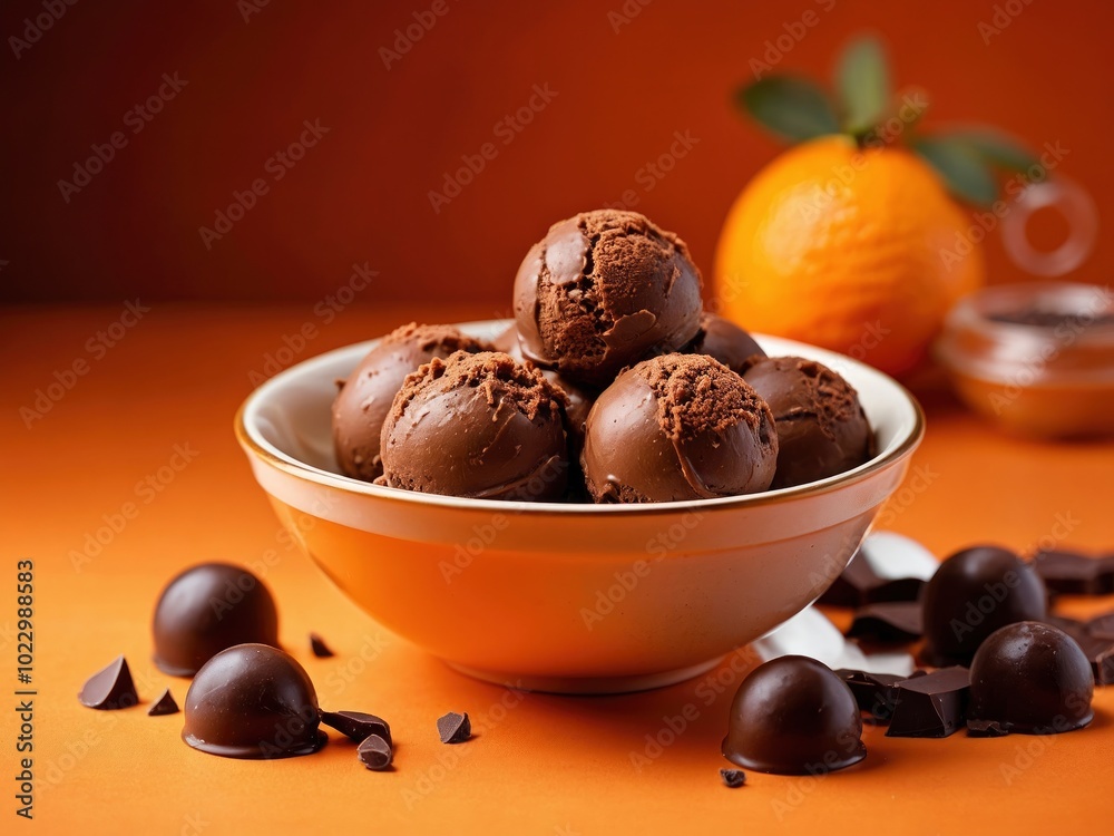 Chocolat ice cream balls in nice plate on orange background. Mouthwatering chocolate ice cream on orange surface Chocolat ice cream balls in nice plate on orange background. Mouthwatering chocolate ice cream on orange surface