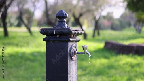 Water Dropping from an Old Public Fountain in Slow Motion with Snails Around
