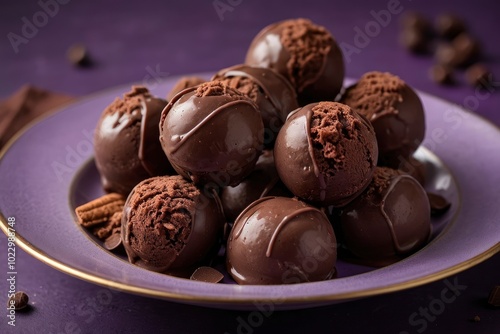 Chocolat ice cream balls in nice plate on purple background. Chocolate scoops on regal purple plate