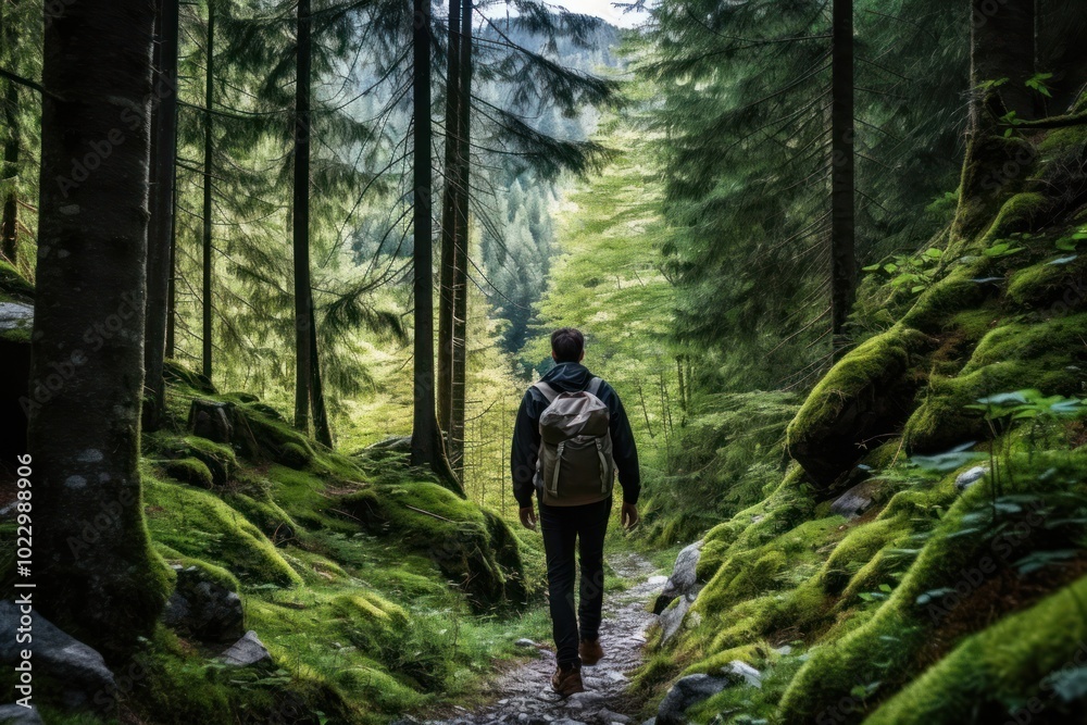 Obraz premium Tourist walking in the mountain forest trail backpacking adventure outdoors.