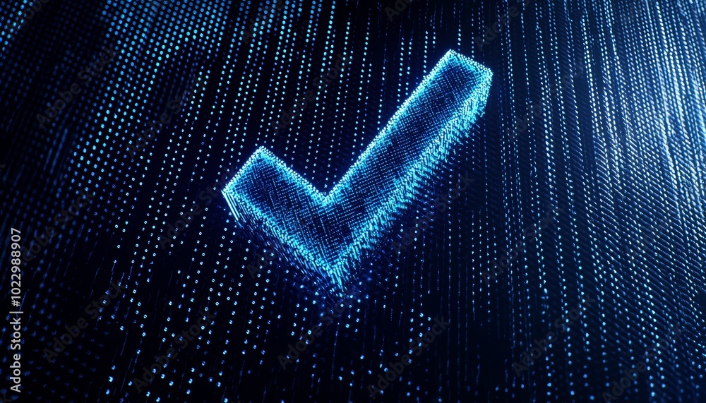 Blue checkmark icon floating on a pixelated light backdrop, representing success, verification, and technology-driven approval, sleek digital aesthetic Blue checkmark icon floating on a pixelated light backdrop, representing success, verification, and technology-driven approval, sleek digital aesthetic