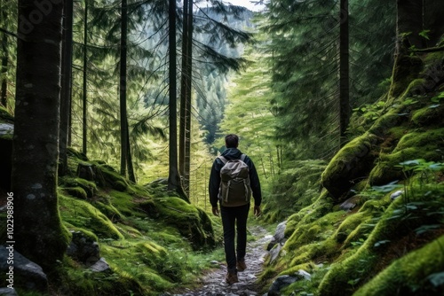 Fototapeta Naklejka Na Ścianę i Meble -  Tourist walking in the mountain forest trail backpacking adventure outdoors.