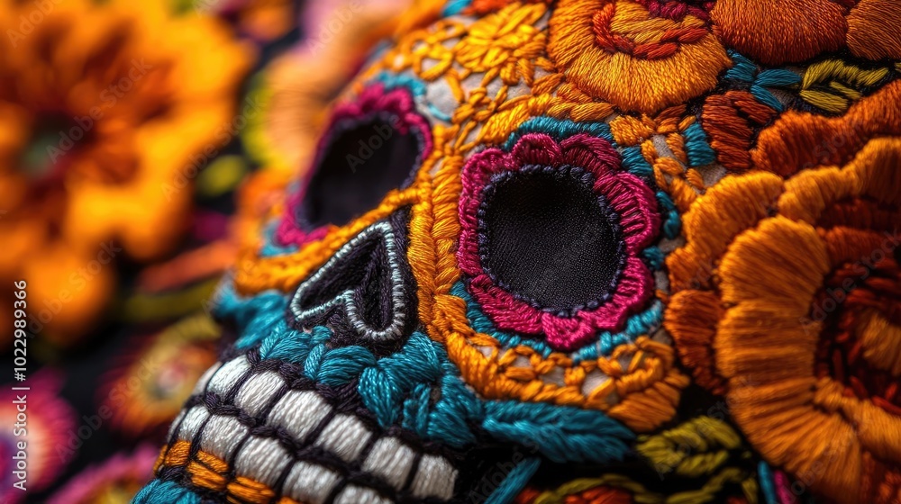 Naklejka premium Vibrant embroidered skull adorned with colorful floral patterns, capturing the essence of traditional Day of the Dead celebrations.