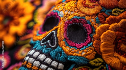 Vibrant embroidered skull adorned with colorful floral patterns, capturing the essence of traditional Day of the Dead celebrations.