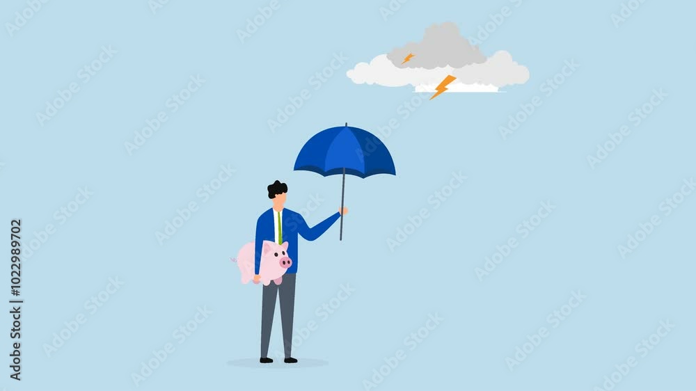 Wealth protection, 4k animation of Businessman clutching sturdy umbrella to shield piggy bank. Wealth protection, 4k animation of Businessman clutching sturdy umbrella to shield piggy bank.
