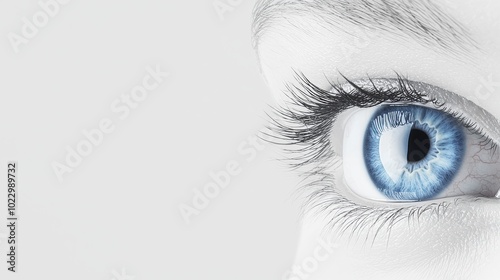 Wallpaper Mural Detailed macro shot of a human eye, vibrant blue iris with intricate patterns, soft skin and natural eyelashes, minimalist background Torontodigital.ca