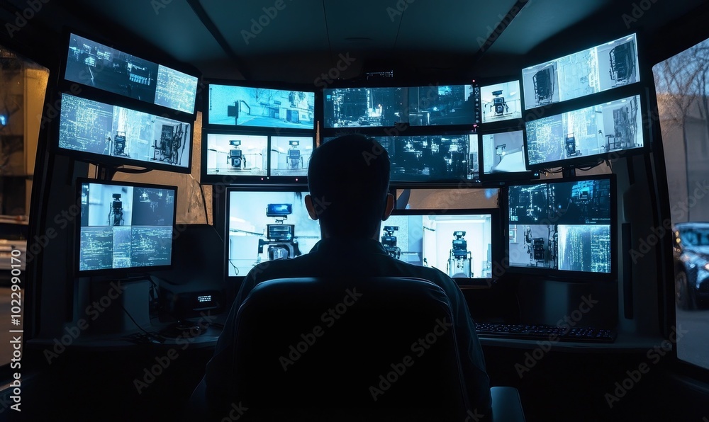 A man sits before multiple screens, monitoring security. A man sits before multiple screens, monitoring security.