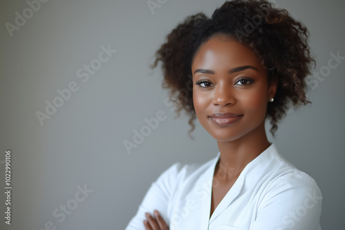 Smiling African Female Healthcare Professional Doctor in white Coat with curly hair, standing confidently against neutral background. Ideal for business, healthcare, and leadership themes. 

