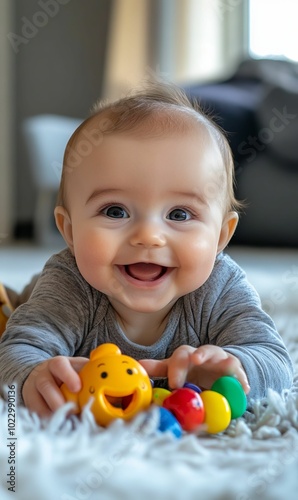 Smiling baby playing with colorful toys.