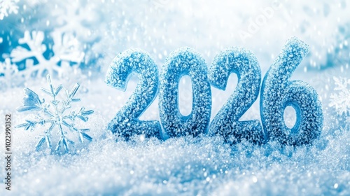 Frozen 2026: A frosty New Year's greeting featuring icy blue numerals on a bed of sparkling snow, adorned with delicate snowflakes.  A perfect winter wonderland image for your holiday designs.  photo