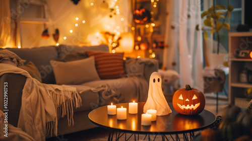Halloween 2024 Themed Living Room with Ghosts and Pumpkins, Cozy Lighting and Inviting Ambiance