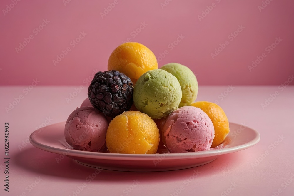Exotic fruits ice cream balls in nice plate on pink background. Vibrant dessert on stylish pink backdrop Exotic fruits ice cream balls in nice plate on pink background. Vibrant dessert on stylish pink backdrop