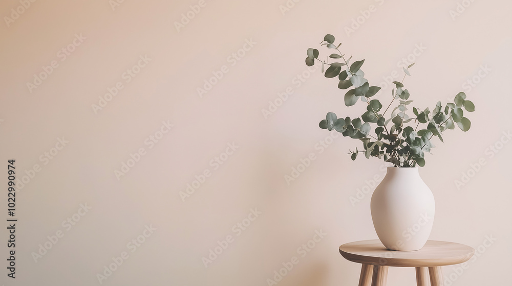 Single white vase with eucalyptus branches, positioned on a small wooden side table, minimalist beige wall Single white vase with eucalyptus branches, positioned on a small wooden side table, minimalist beige wall
