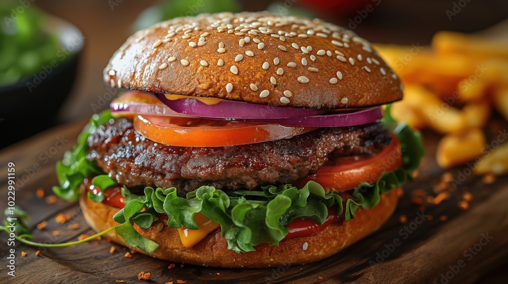 Fast food. Burger with fries. Cheeseburger. Hamburger. Tasty burger with cutlet, cheese, tomato, burger for fast food menu. Fast food. Burger with fries. Cheeseburger. Hamburger. Tasty burger with cutlet, cheese, tomato, burger for fast food menu.
