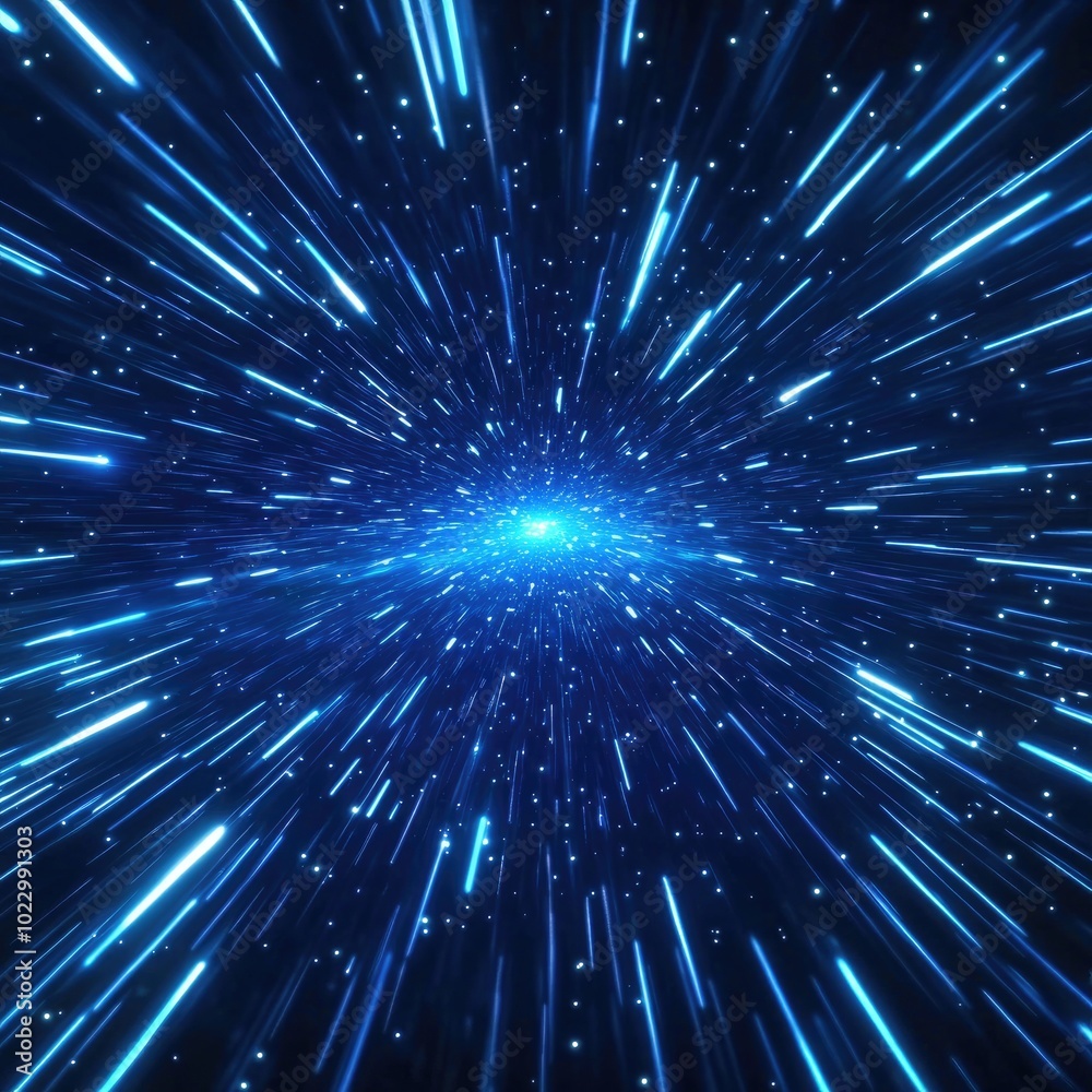 Naklejka premium Starry light pattern, blue streaks, space theme, glowing display, radiant energy, futuristic design, sparkling lines, cosmic rays