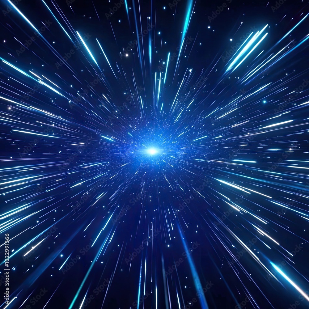 Fototapeta premium Blue glowing starburst light beams, bright blue and white streaks, space light explosion