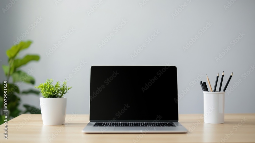 A clean, minimalist workspace featuring a laptop, potted plant, and pencil holder on a wooden desk against a light background. A clean, minimalist workspace featuring a laptop, potted plant, and pencil holder on a wooden desk against a light background.