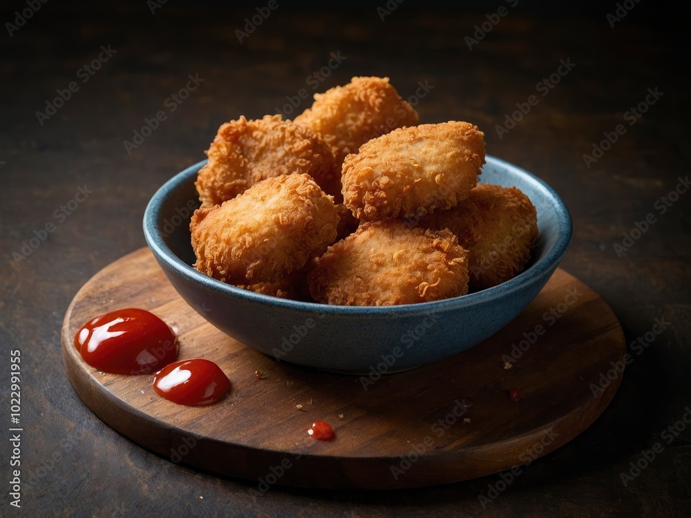 Fried crispy chicken nuggets with ketchup. Crunchy chicken with tomato sauce