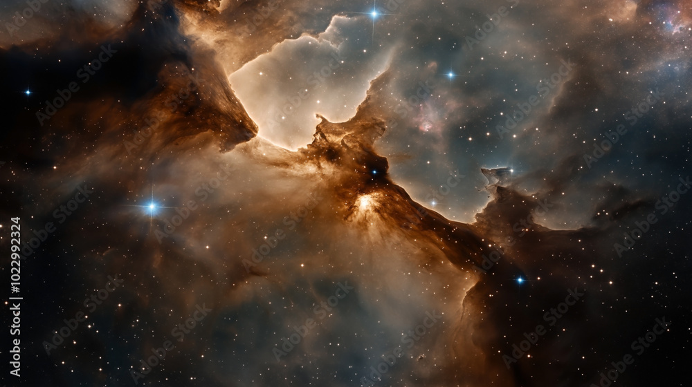 Dramatic cosmic scene featuring a vivid nebula with swirling clouds of gas and dust, punctuated by bright stars and deep space background.