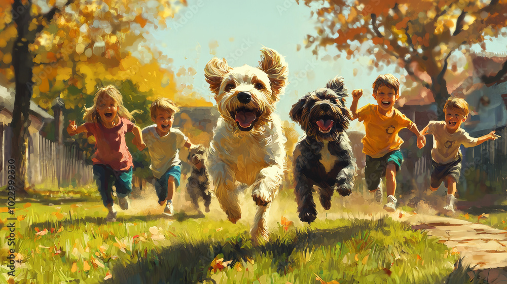 Obraz premium A joyful scene of dogs playing with children, running together across sunny field filled with autumn leaves. laughter and excitement create vibrant atmosphere of fun and friendship
