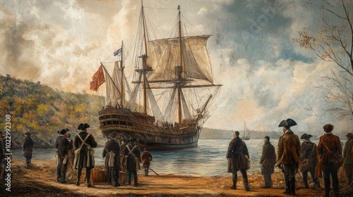 Men watch a sailing ship depart the shore.