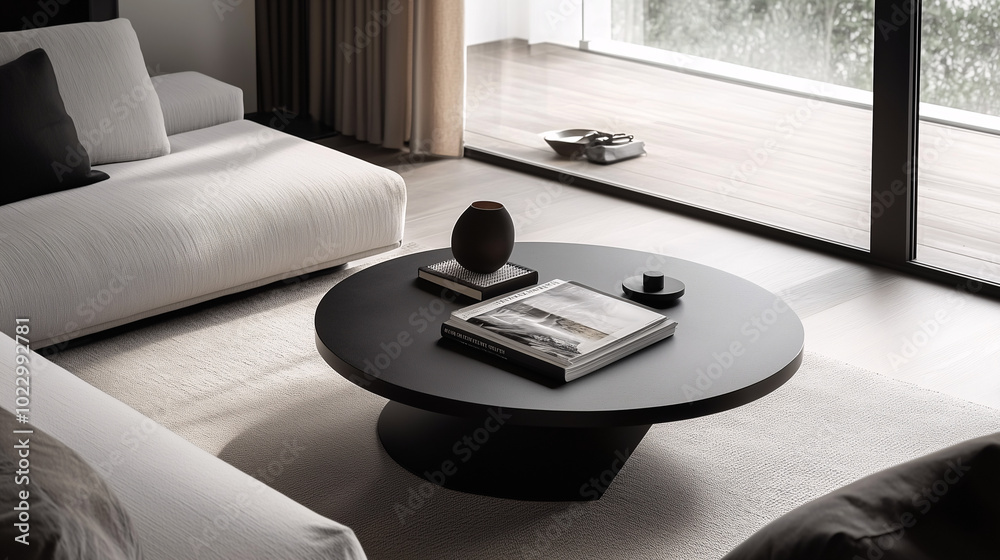 Sleek coffee table with a single magazine placed at an angle, with no other decor around Sleek coffee table with a single magazine placed at an angle, with no other decor around