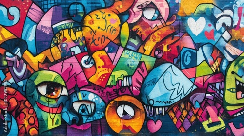 Abstract Colorful Graffiti Wall Art with Eyes and Hearts