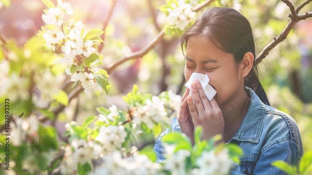 Person sneezing into tissue amidst blooming flowers and green leaves, symbolizing allergy season, with ample copy space for text or design elements. Person sneezing into tissue amidst blooming flowers and green leaves, symbolizing allergy season, with ample copy space for text or design elements.