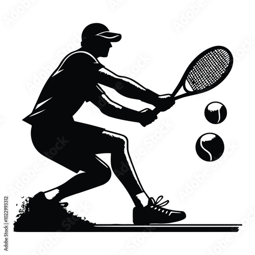 Tennis player silhouette in vector format, offered for $1 credit, showcasing dynamic athleticism