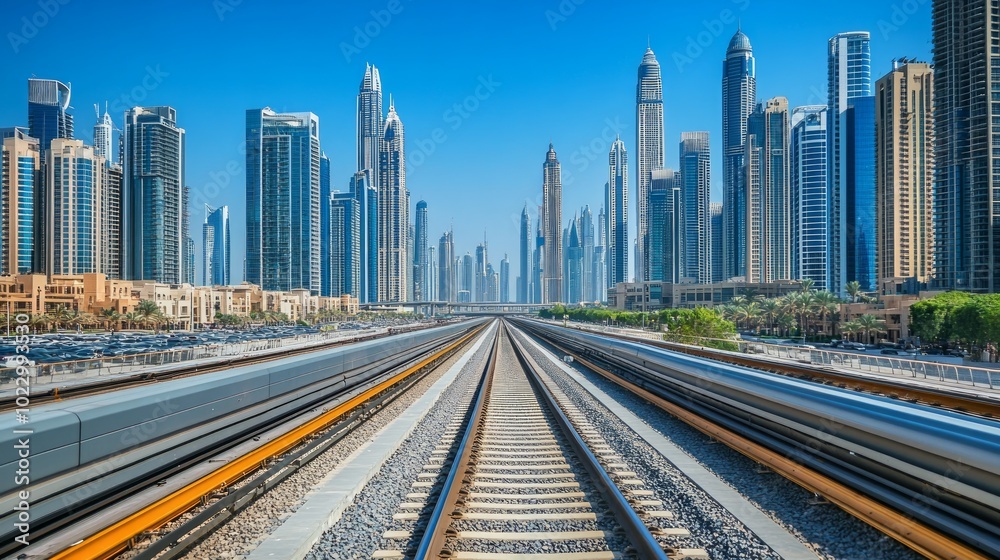 Train tracks leading towards a modern cityscape with tall skyscrapers under a blue sky. Train tracks leading towards a modern cityscape with tall skyscrapers under a blue sky.